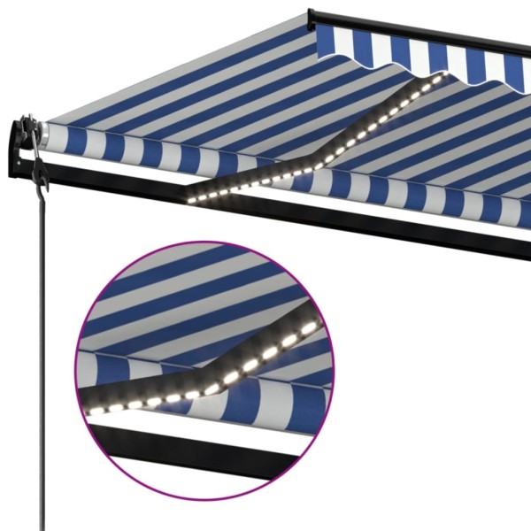 Toldo automático LED sensor de viento azul y blanco 450x300 cm