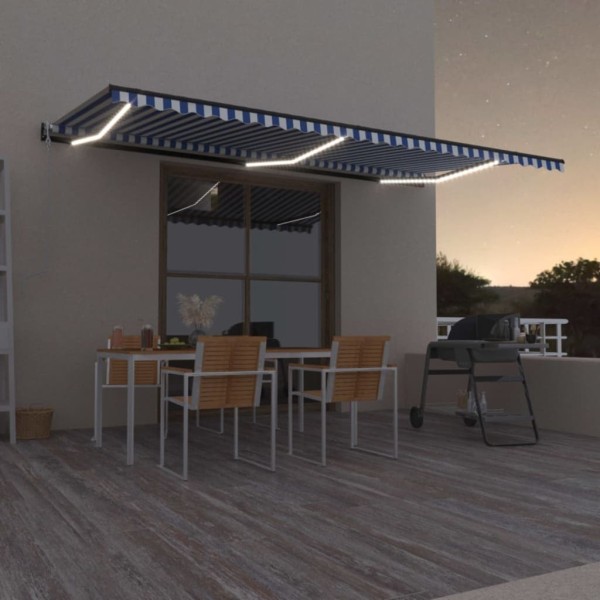 Toldo automático LED sensor de viento azul y blanco 600x300 cm