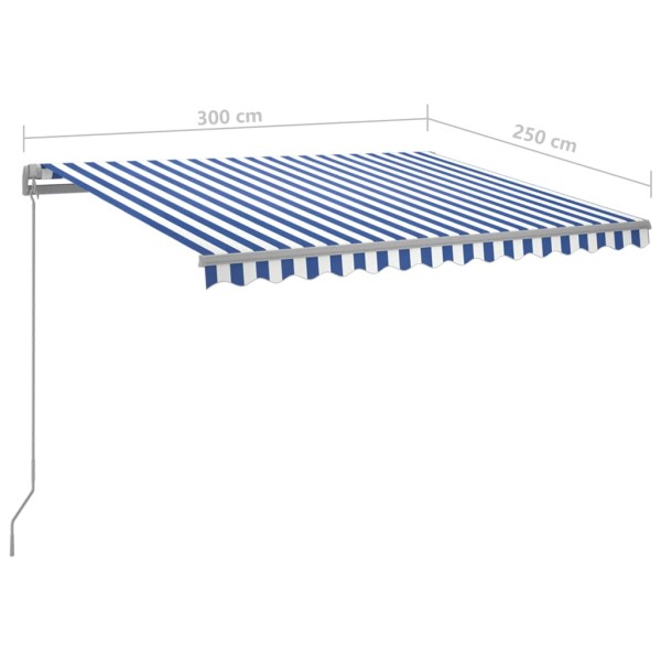 Toldo retráctil automático con postes azul y blanco 3x2,5 m