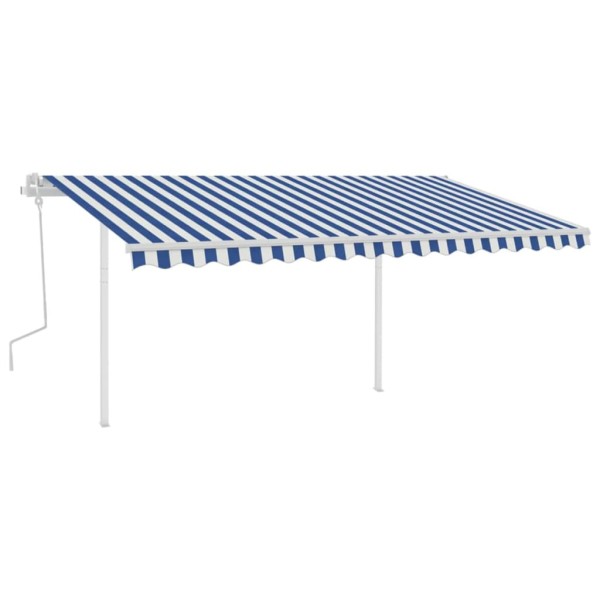 Toldo manual retráctil con postes azul y blanco 4x3,5 m