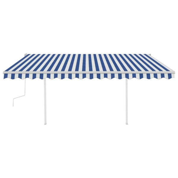 Toldo manual retráctil con postes azul y blanco 4x3,5 m