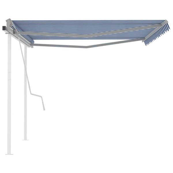 Toldo manual retráctil con postes azul y blanco 4x3,5 m