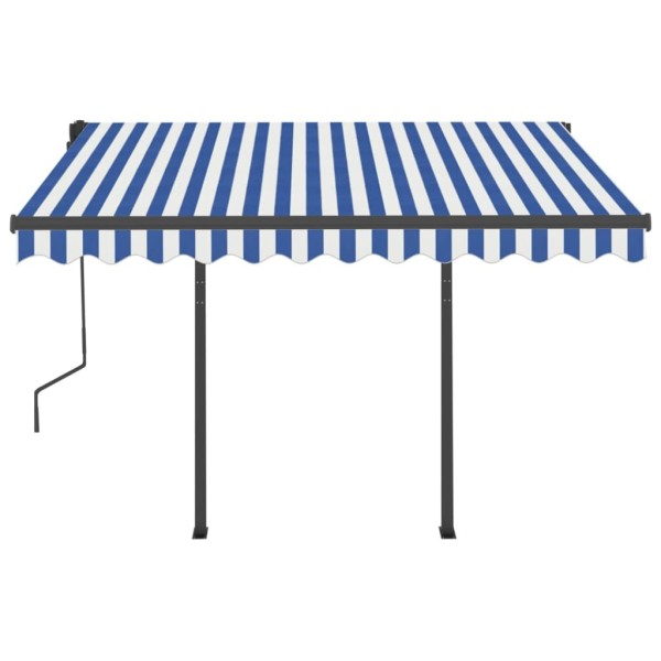 Toldo retráctil automático con postes azul y blanco 3,5x2,5 m