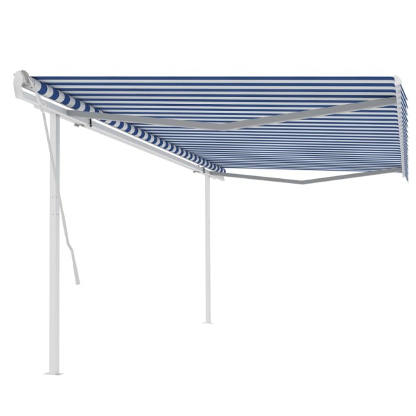 Toldo manual retráctil con postes azul y blanco 5x3,5 m