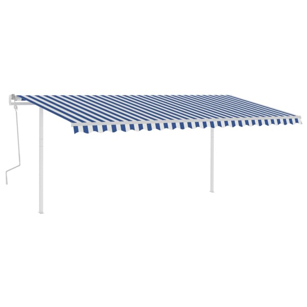 Toldo manual retráctil con postes azul y blanco 5x3,5 m