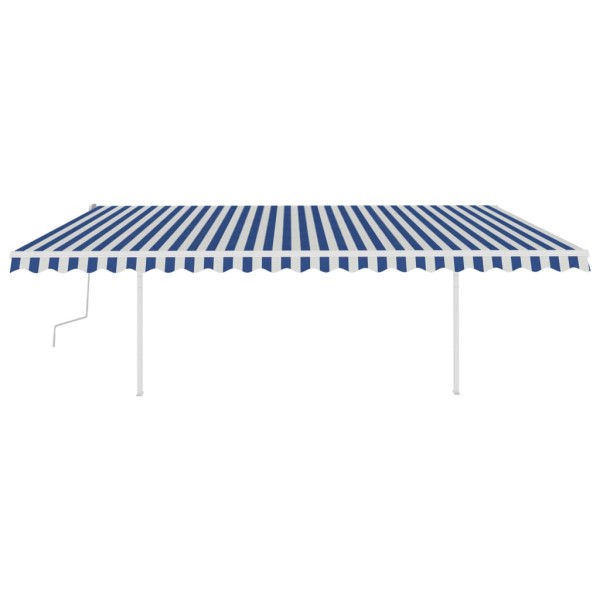 Toldo manual retráctil con postes azul y blanco 5x3,5 m