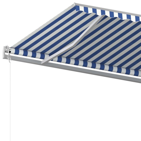 Toldo manual retráctil con postes azul y blanco 5x3,5 m