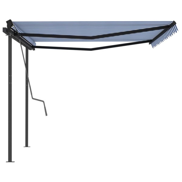 Toldo automático retráctil con postes azul y blanco 4,5x3 m