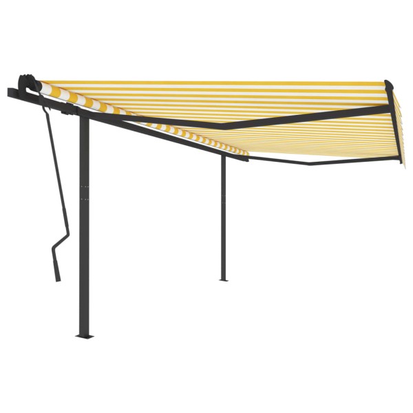 Toldo retráctil automático con postes amarillo blanco 4,5x3,5m