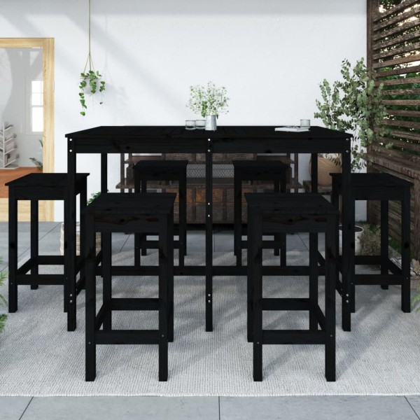 Set de mesa y taburetes altos jardín 7 piezas madera pino negro