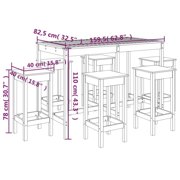 Set de mesa y taburetes altos jardín 7 piezas madera pino negro