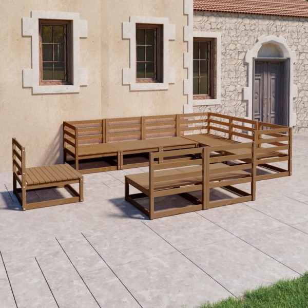 Muebles de jardín 9 pzas y cojines marrón miel madera pino