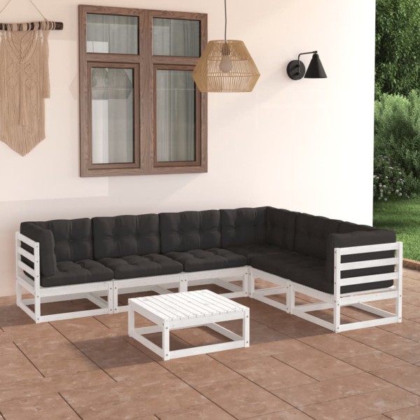 Set muebles jardín 7 pzas con cojines madera maciza pino blanco