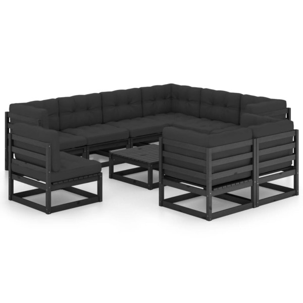 Set de muebles de jardín 10 pzas con cojines madera pino negro