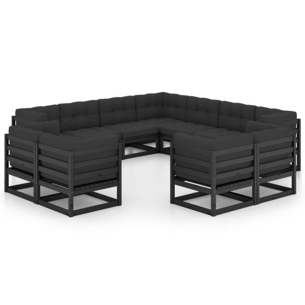 Set de muebles de jardín 11 pzas con cojines madera pino negro