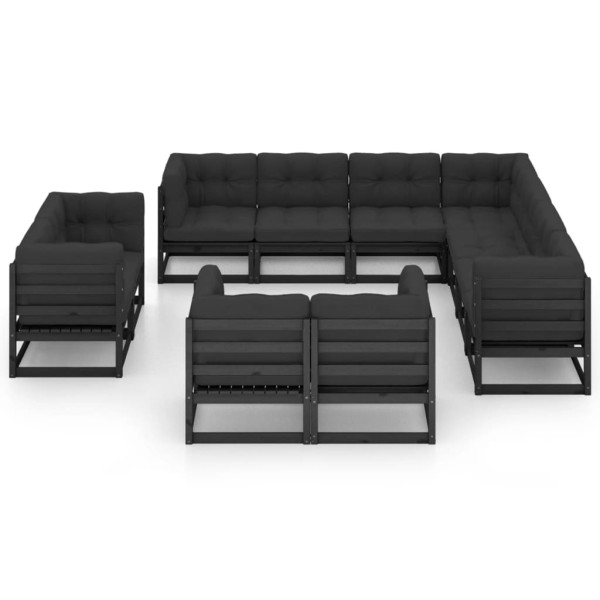 Set de muebles de jardín 11 pzas con cojines madera pino negro