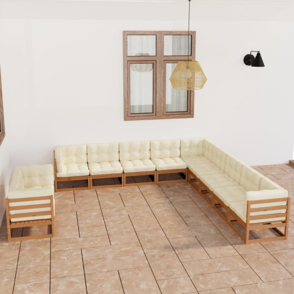 Set de muebles de jardín 11 pzs cojines madera pino marrón miel