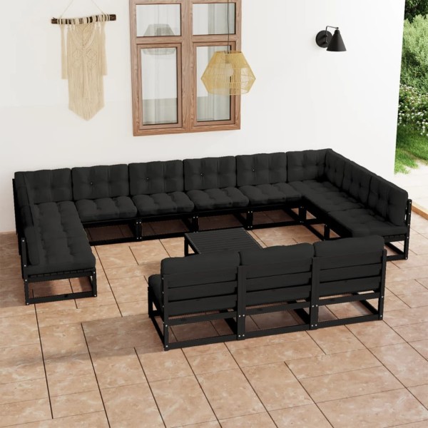 Set de muebles de jardín 14 pzas con cojines madera pino negro