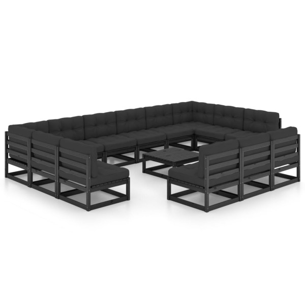 Set de muebles de jardín 14 pzas con cojines madera pino negro