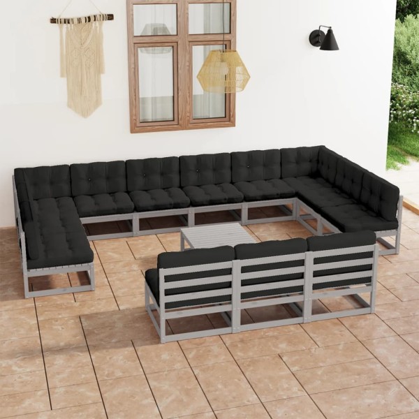 Set de muebles de jardín 14 pzas con cojines madera pino gris