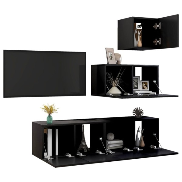 Set de muebles de salón TV 4 piezas madera de ingeniería negro