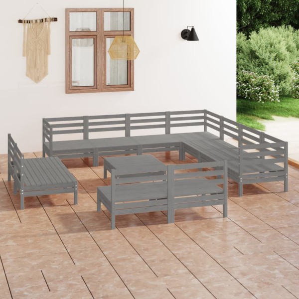 Juego de muebles de jardín 12 piezas madera maciza de pino gris