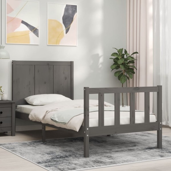 Estructura de cama con cabecero madera maciza gris