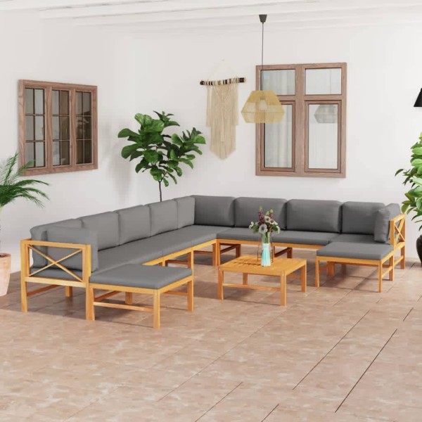 Set de muebles de jardín 11 pzas madera de teca y cojines gris