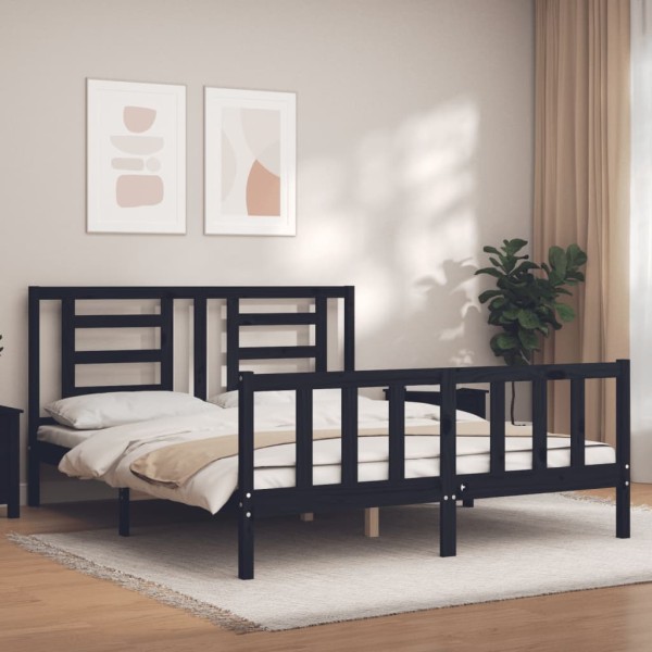 Estructura cama de matrimonio con cabecero madera maciza negro