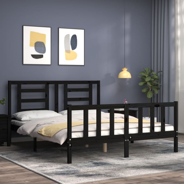 Estructura cama de matrimonio con cabecero madera maciza negro