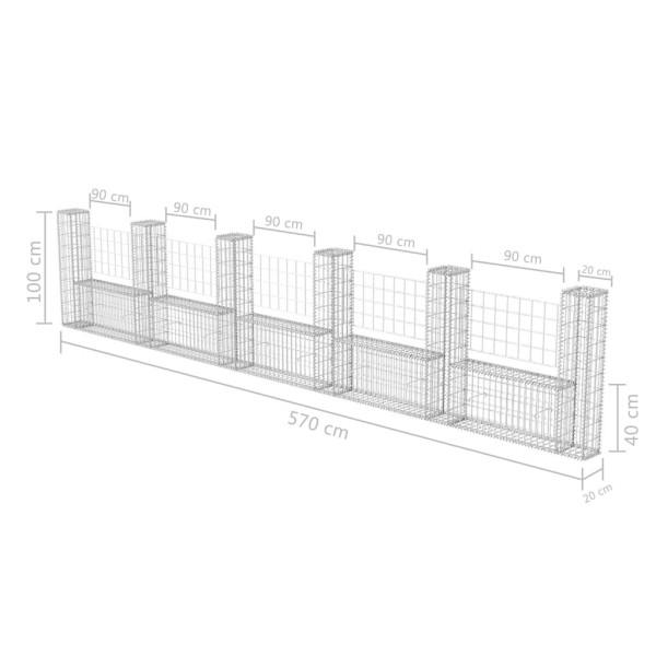 Cesta en forma de U muro de gaviones galvanizado 570x20x100 cm