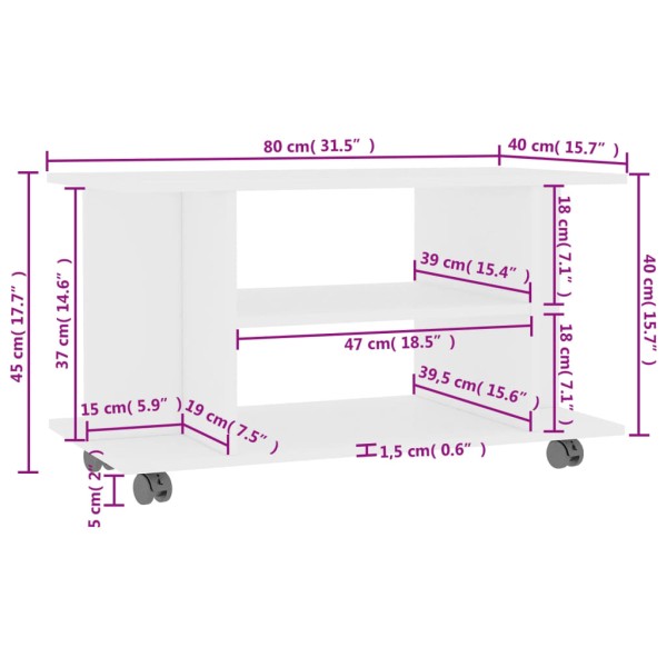 Mueble de TV con ruedas madera de ingeniería blanco 80x40x45 cm