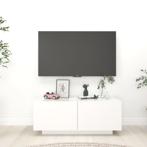 Mueble de TV madera contrachapada blanco brillo 100x35x40 cm