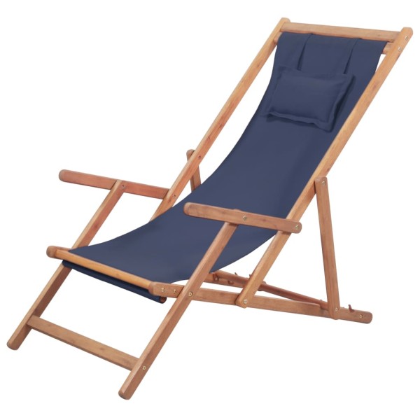 Silla de playa plegable de tela y estructura de madera azul