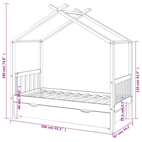 Estructura cama niños con cajón madera pino blanco 80x160 cm