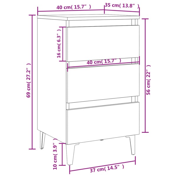 Mesita de noche con patas de metal blanco brillo 40x35x69 cm